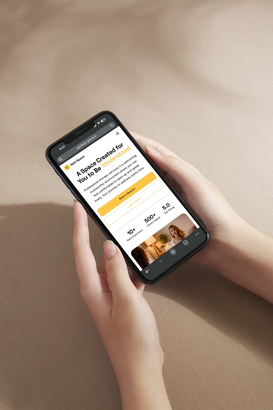 Safe Space home screen on a phone held in hand