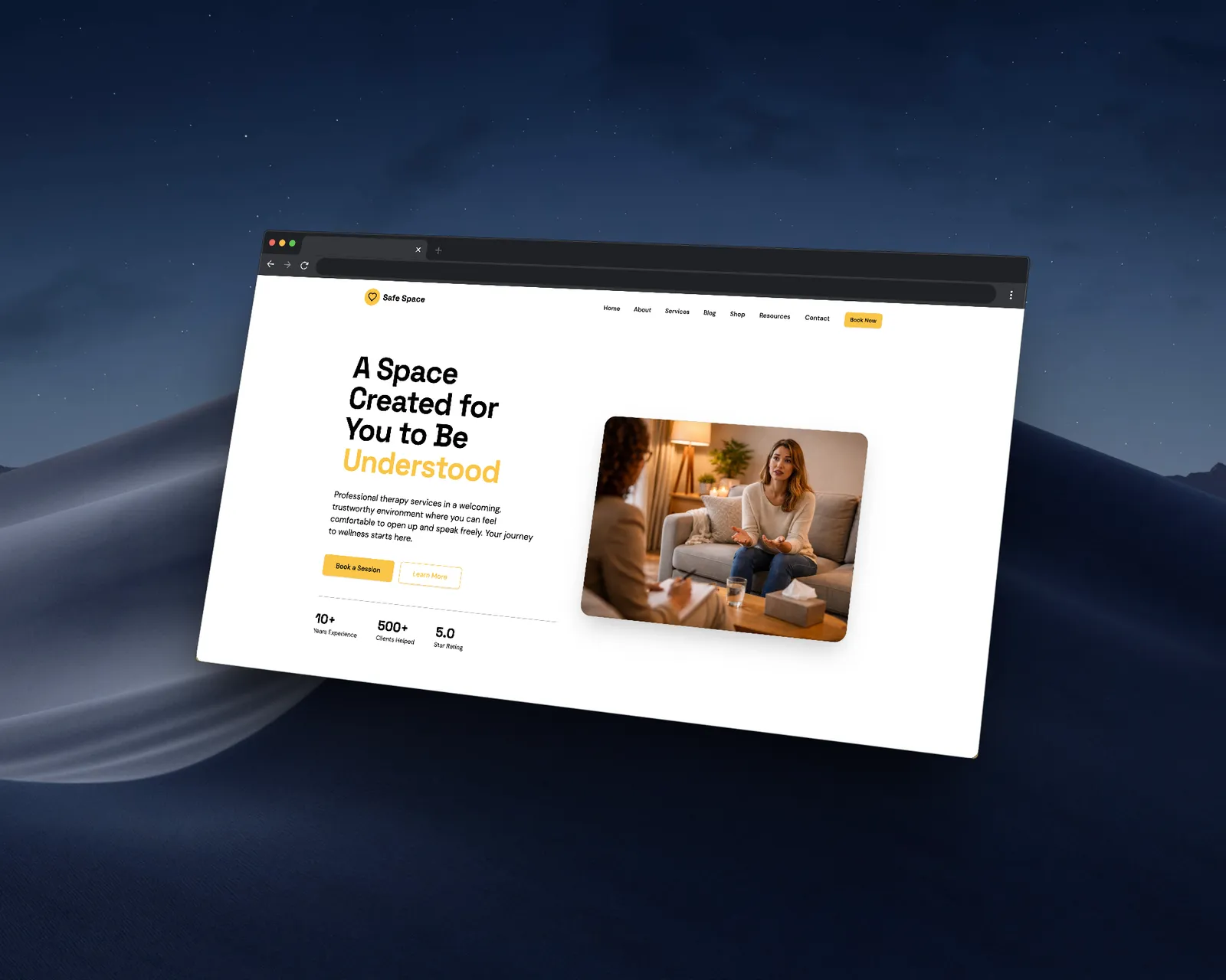 Safe Space therapy platform shown on laptop and phone mockups