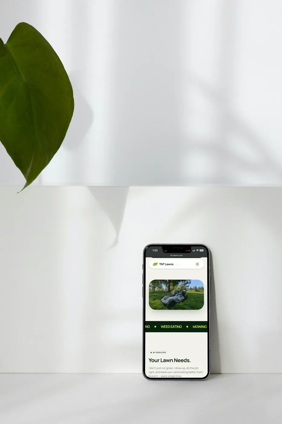 TNT Lawn Care home page on a phone