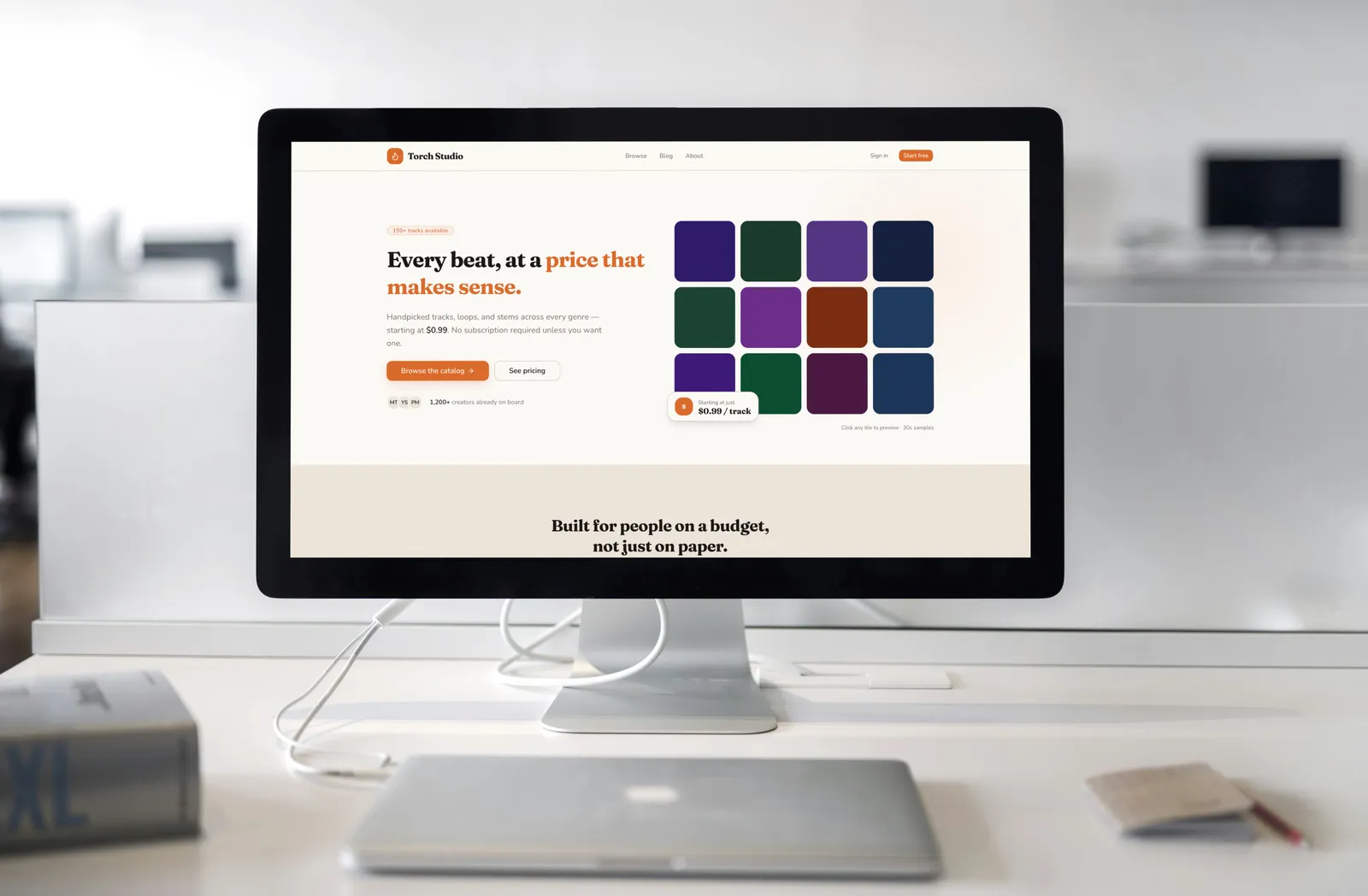 Torch Studio music platform shown on a desktop mockup